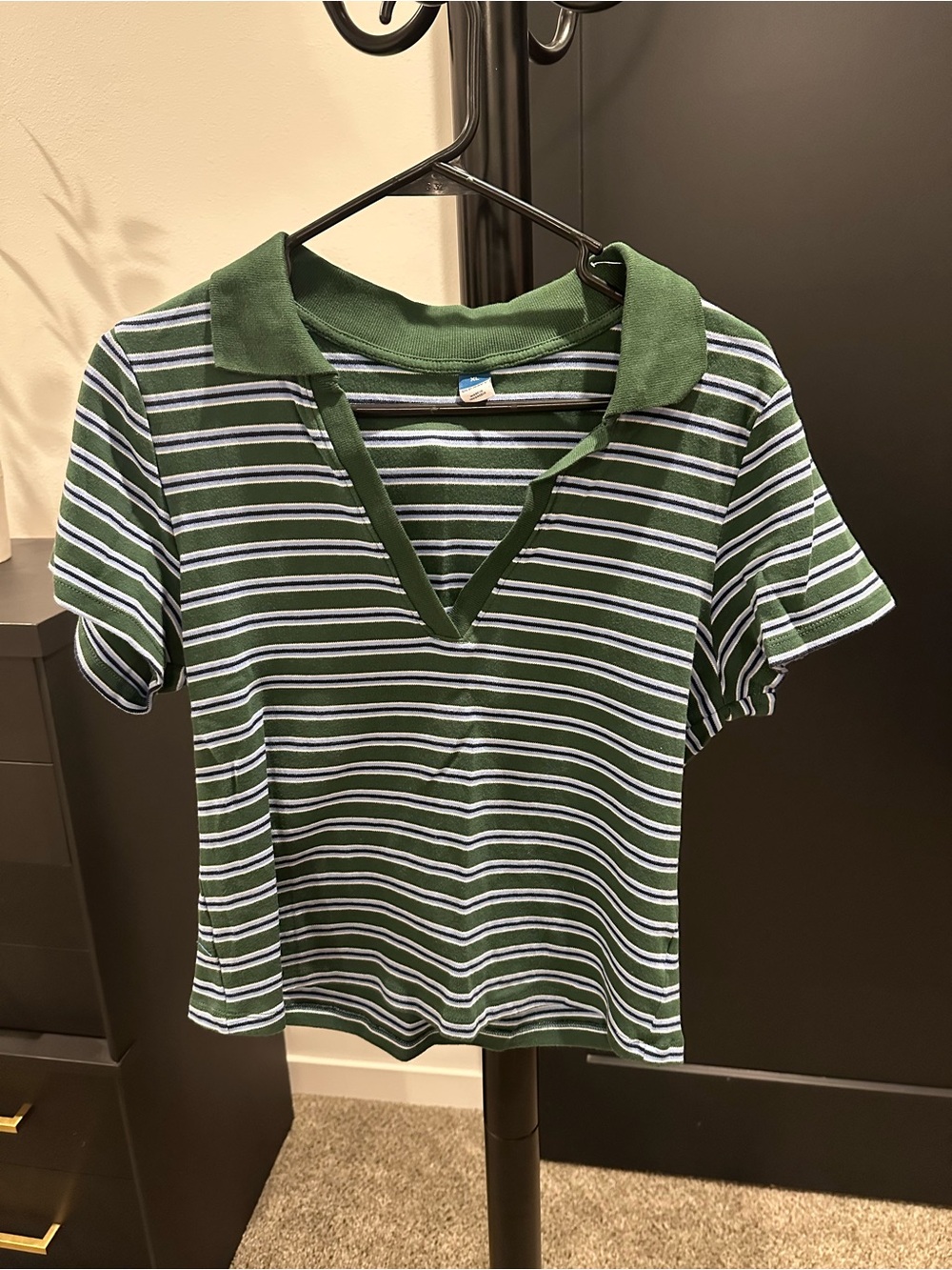 Old Navy Green and White Striped Polo V-Neck Tee